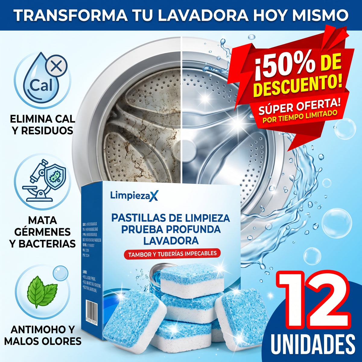 WashPure™ | 12 Pastillas Limpiadoras para Lavadora